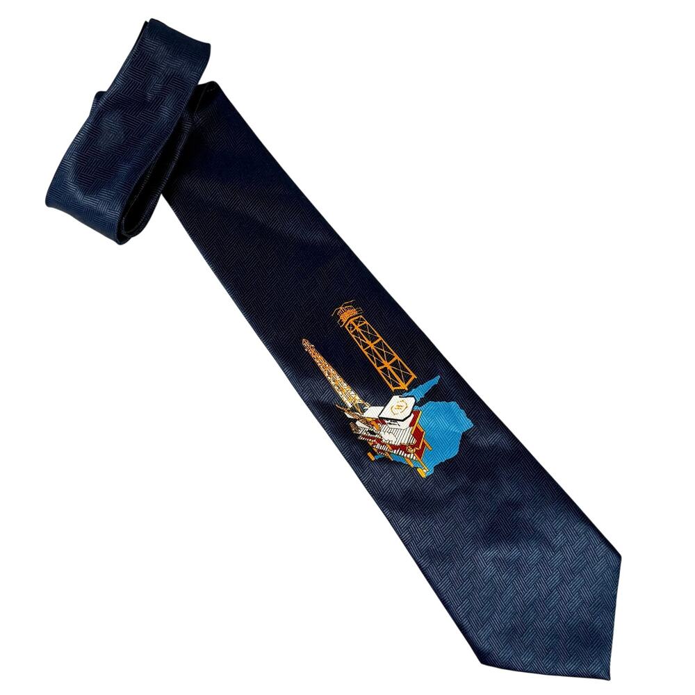 Vintage Mens Necktie Marco Polo Italian Style Oil Rig Navy Blue
